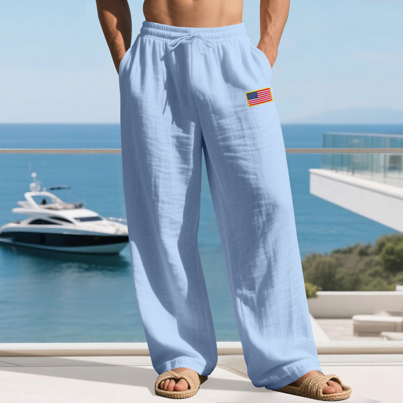 Herren Maritime Relaxed‑Fit Leinenoptik-Freizeithose mit Tunnelzug & Flaggen-Patch Drune