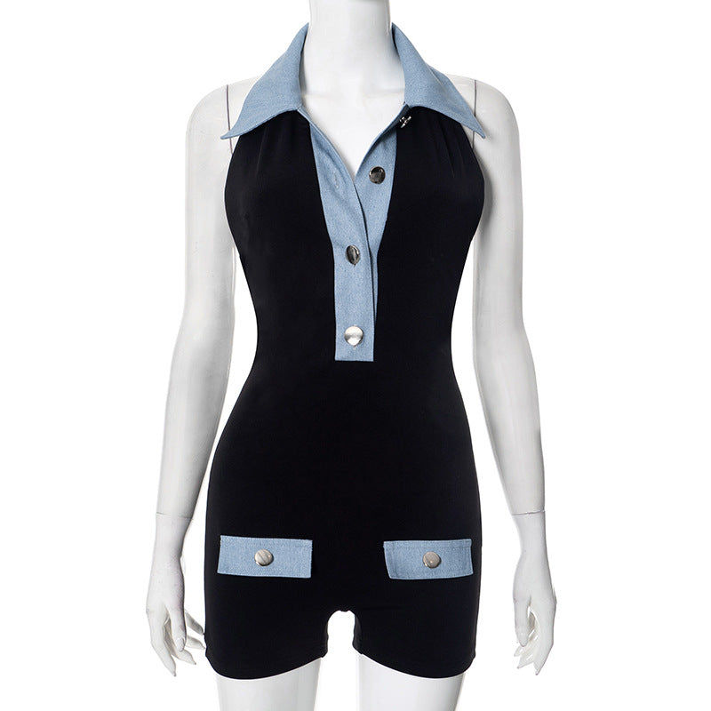 Drune | Polokragen Denim kontrastierenden Jumpsuit Shorts