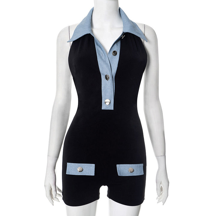 Drune | Polokragen Denim kontrastierenden Jumpsuit Shorts