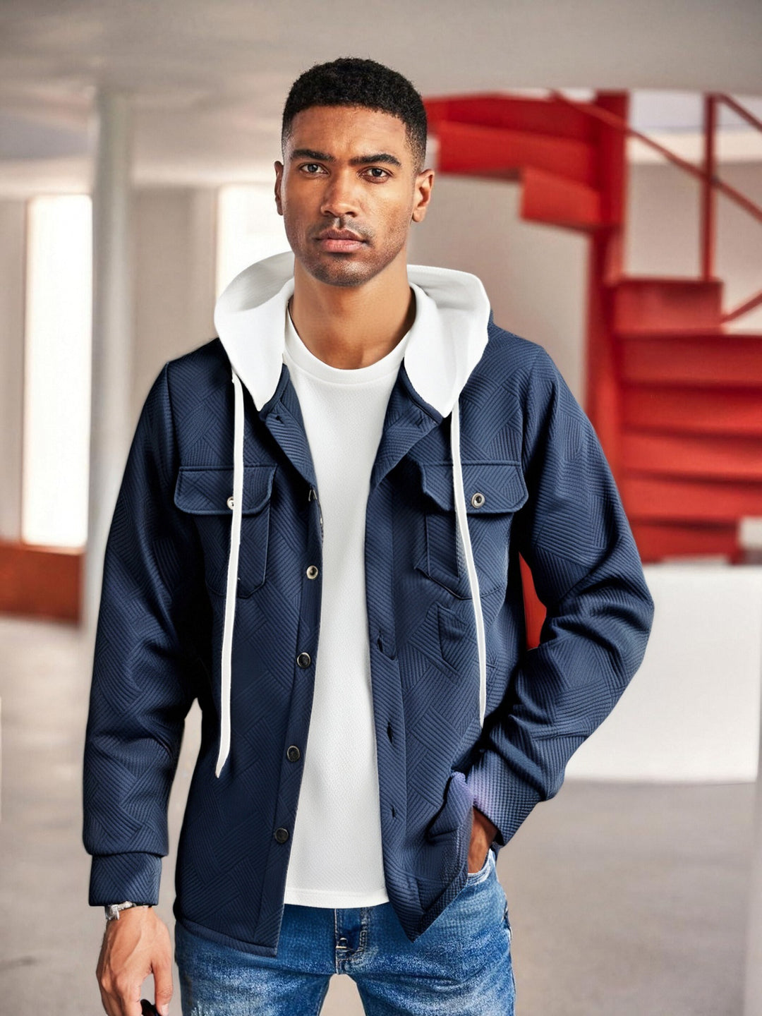 Herren modische Hybrid-Jacke mit abnehmbarer Kapuze und praktischen Taschen Drune
