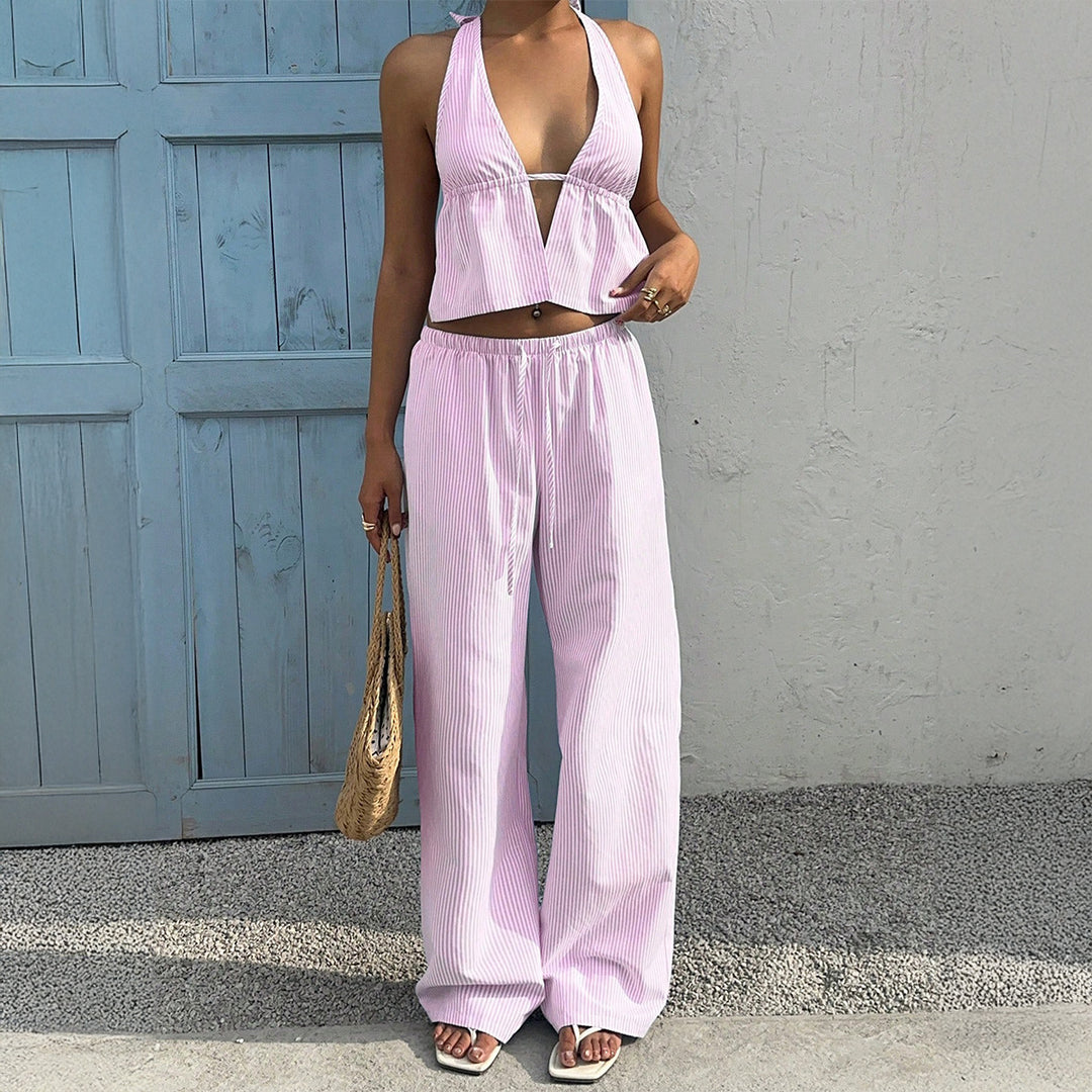Damen Lässiges Strandoutfit mit Crop-Top und weitem Hose Drune