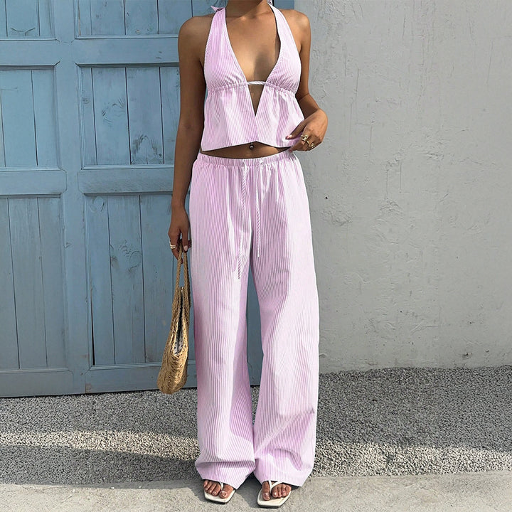 Damen Lässiges Strandoutfit mit Crop-Top und weitem Hose Drune