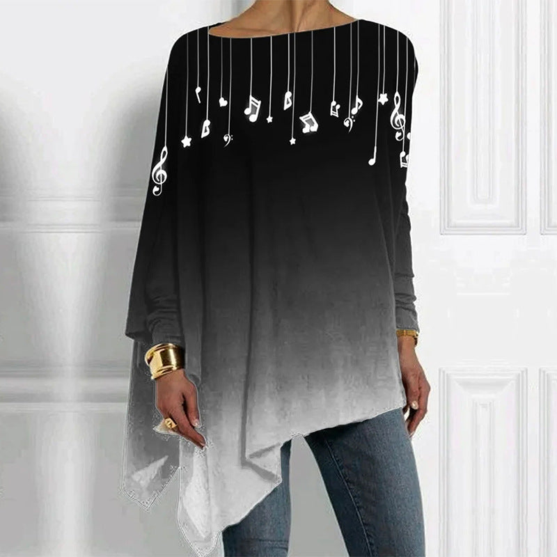 Damen Asymmetrisches Musikprint-Longsleeve mit Klavier- und Notenmotiv Drune