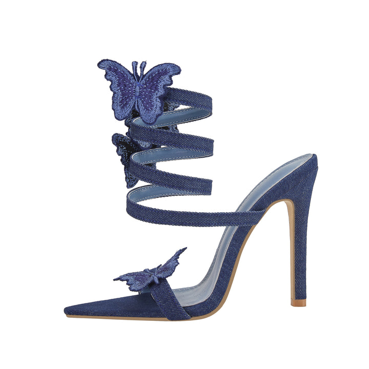 Damen High-Heeled Denim Sandalen mit Schmetterlingsverzierungen Drune