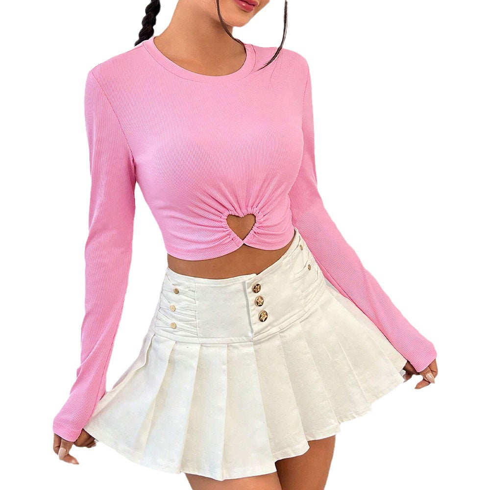 Damen gerafftes Crop-Top mit Herz-Cutout, langärmlig und feiner Rippstruktur Drune