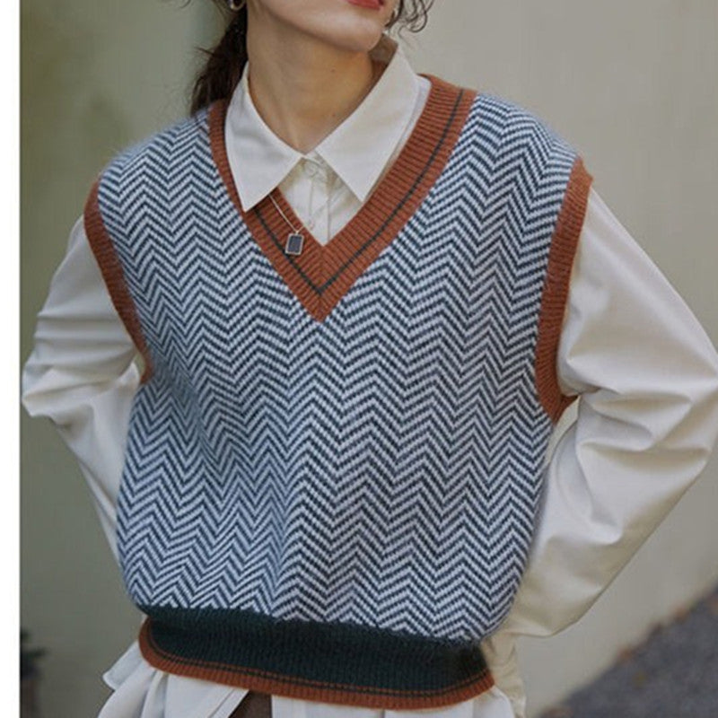 Damen Strickweste mit V-Ausschnitt und Chevron-Muster Drune