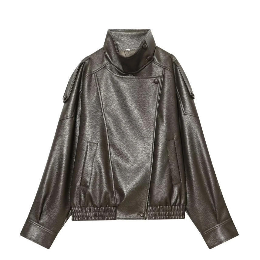 Damen Cropped Kunstleder‑Bomber mit asymmetrischer Druckknopfblende und Funnelkragen Drune