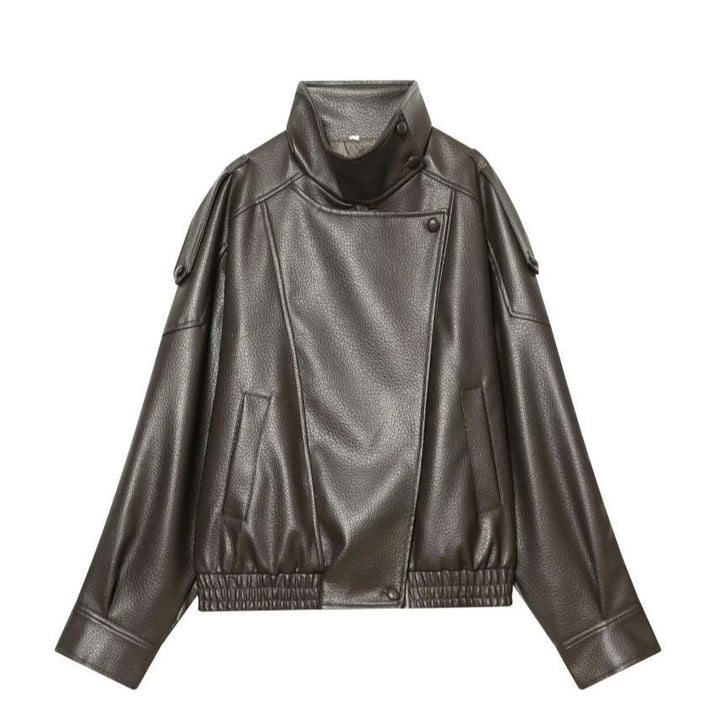 Damen Cropped Kunstleder‑Bomber mit asymmetrischer Druckknopfblende und Funnelkragen Drune