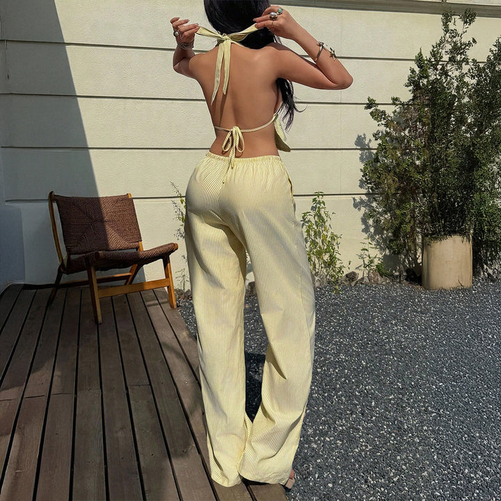 Damen Lässiges Strandoutfit mit Crop-Top und weitem Hose Drune