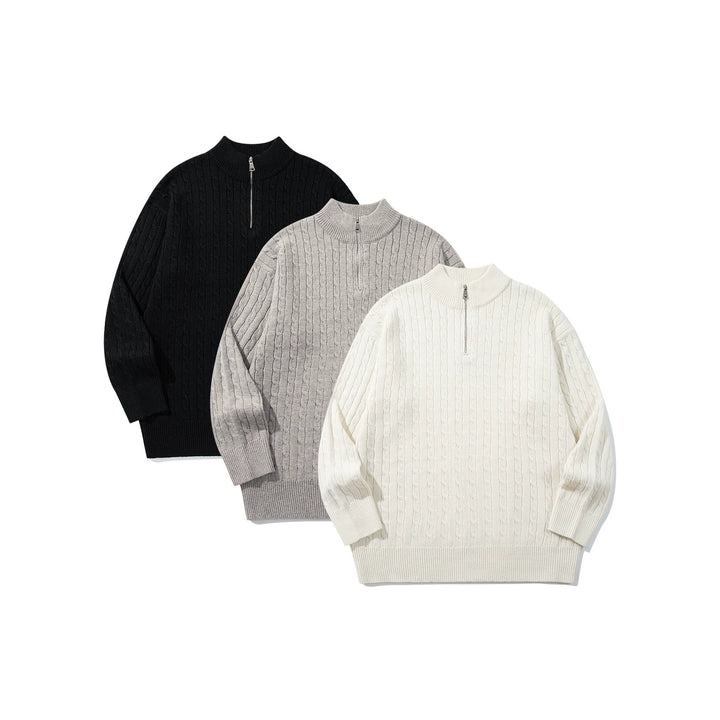 Unisex Zopfmuster-Halbzip-Strickpullover mit hohem Rippkragen und längerem Saum Drune