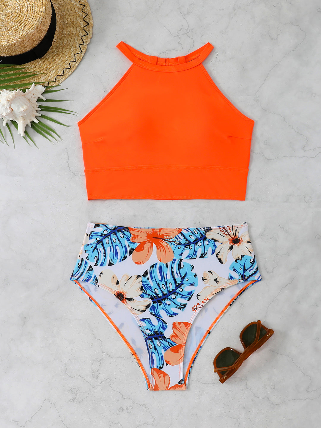 Damen Sportlicher Bikini-Set mit hohem Bund und rückenfreier Oberseite Drune