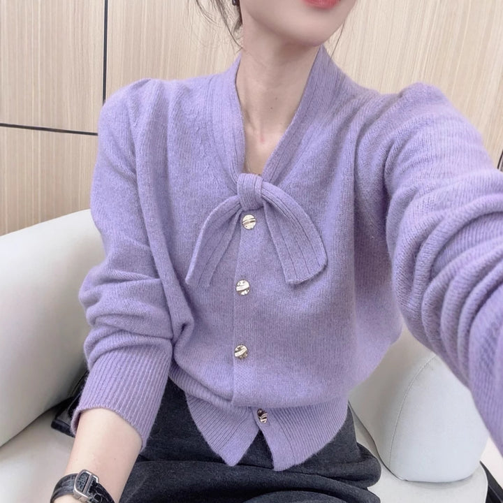 Damen elegante Strickjacke mit Schleifenakzent und hochwertigen Knöpfen Drune