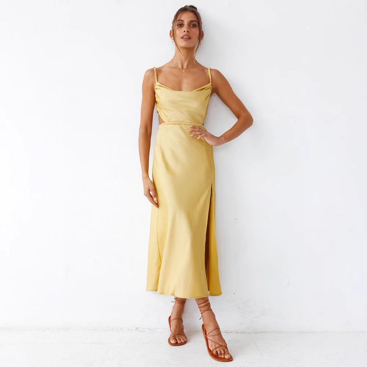 Damen Satin Maxikleid mit elegantem Wickeldesign und raffinierten Rüschen Drune