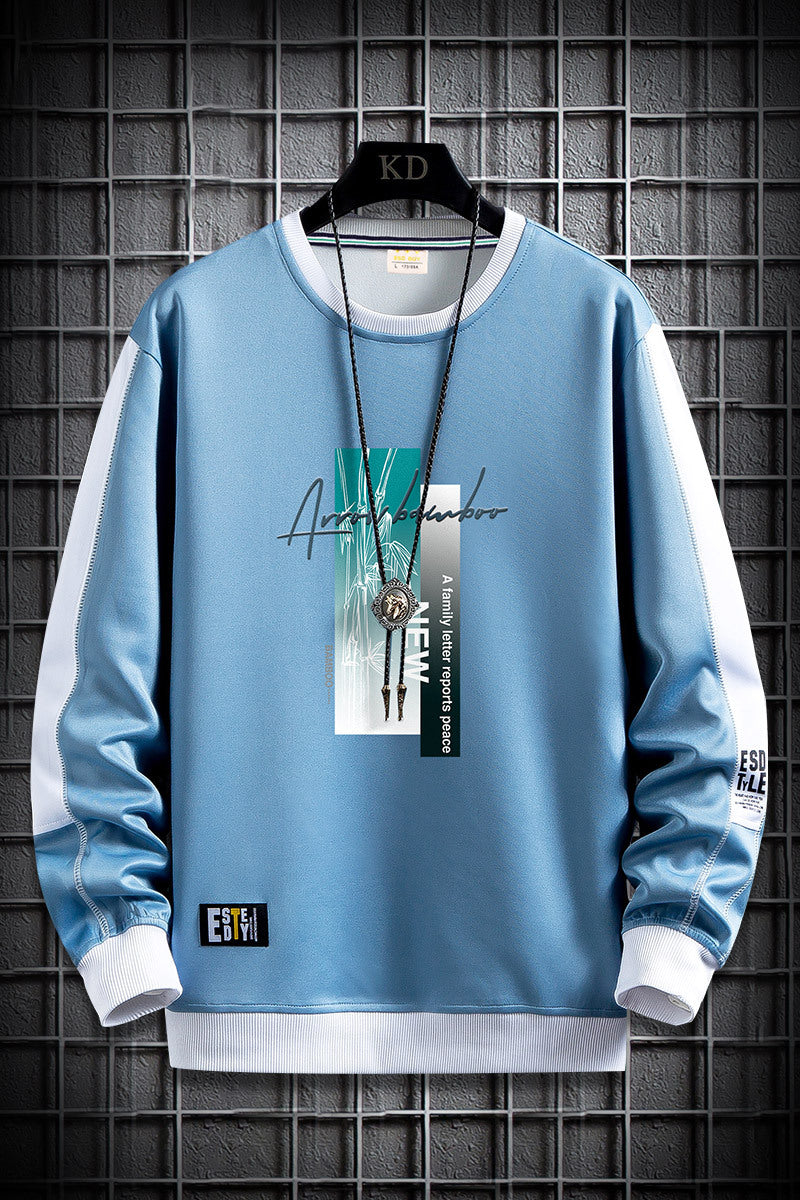 Herren Sportlich‑urbanes Rundhals‑Sweatshirt mit Kontrastärmeln, gerippten Bündchen & frontalem Grafikprint Drune