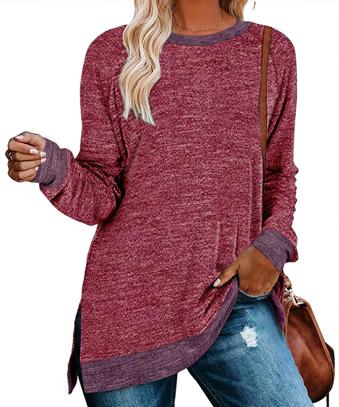 Damen lässiges Oversized Langarmshirt mit abgesetztem Saum Drune