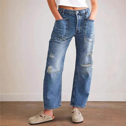 Damen nan oversized Straight-Leg-Jeans mit aufgesetzten Cargo-Taschen und Used-Effekten Drune