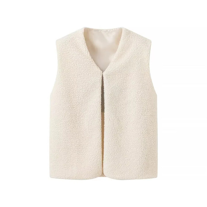 Damen nan kuschelige ärmellose Bouclé-Weste mit V-Ausschnitt und Satinfutter Drune