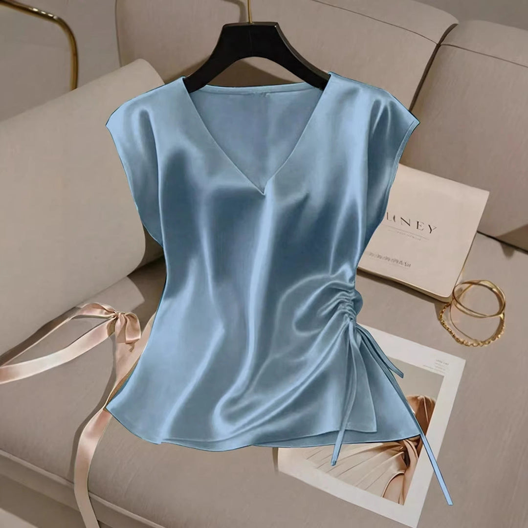 Damen Satinbluse mit seitlichem Kordelzug und V-Ausschnitt Drune