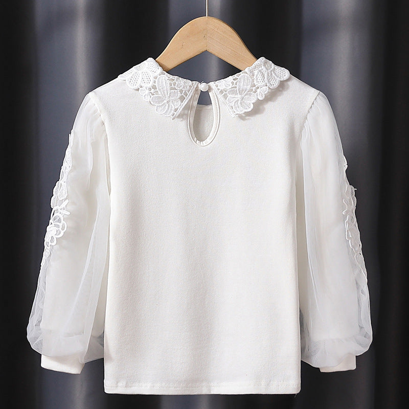 Mädchen Bluse mit floraler Stickerei und transparenten Ärmeln Drune