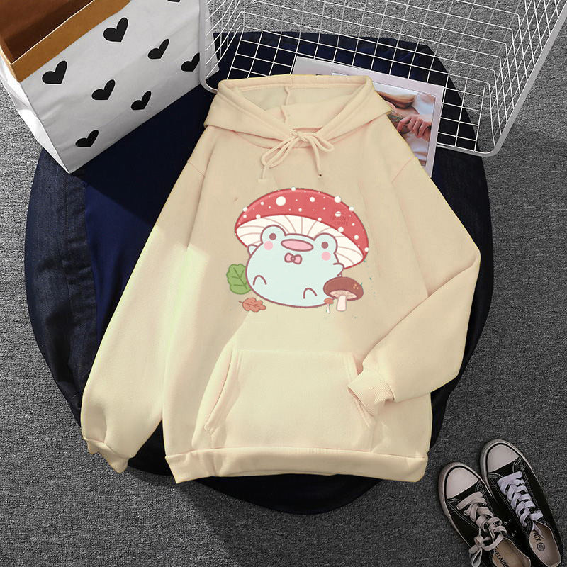 Damen nan weicher Oversize-Kapuzenpullover mit kawaii Pilzfrosch-Print, Kängurutasche und gerippten Bündchen Drune
