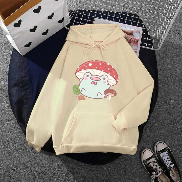 Damen nan weicher Oversize-Kapuzenpullover mit kawaii Pilzfrosch-Print, Kängurutasche und gerippten Bündchen Drune