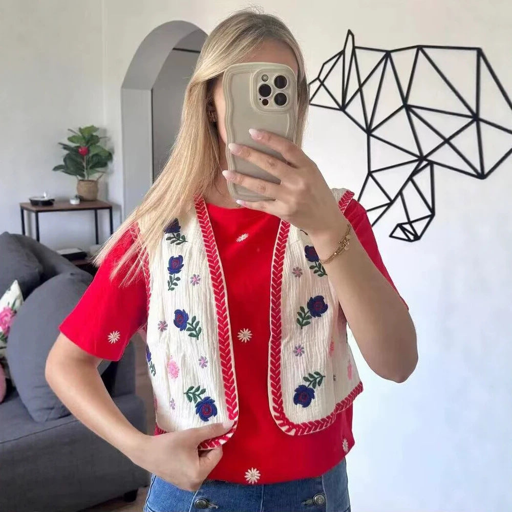 Damen Bestickte Kurz-Weste im Boho‑Chic mit floralen Applikationen Drune