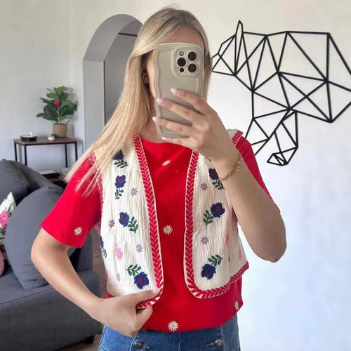 Damen Bestickte Kurz-Weste im Boho‑Chic mit floralen Applikationen Drune