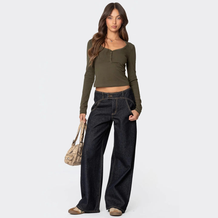 Damen Cropped Langarmhemd mit Knopfleiste und weichem Stoff Drune