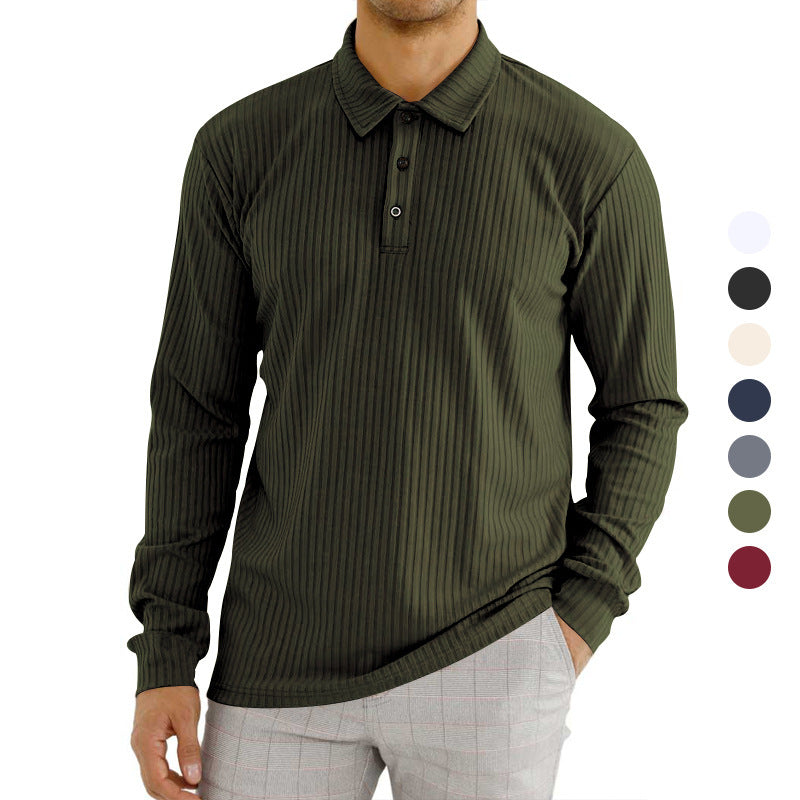 Herren nan geripptes Langarm-Poloshirt mit feiner Rippenstruktur, klassischem Kragen und elastischem Saum Drune