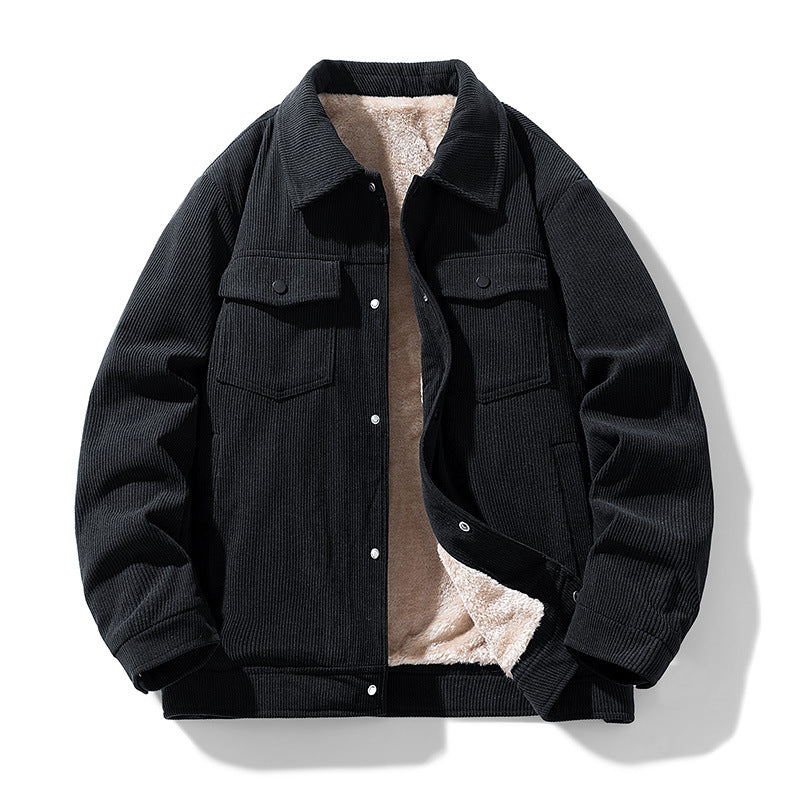 Männliche -Cord-Jacke mit Kunstschafsleder-Futter und Druckknopfverschluss Drune
