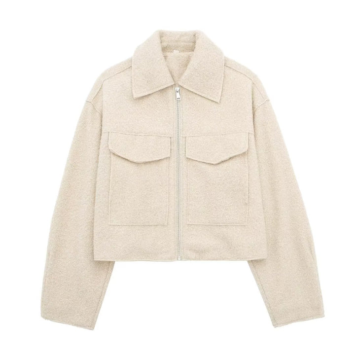 Damen Kurz geschnittene Teddyjacke mit Reißverschluss, Kragen und aufgesetzten Klappentaschen Drune