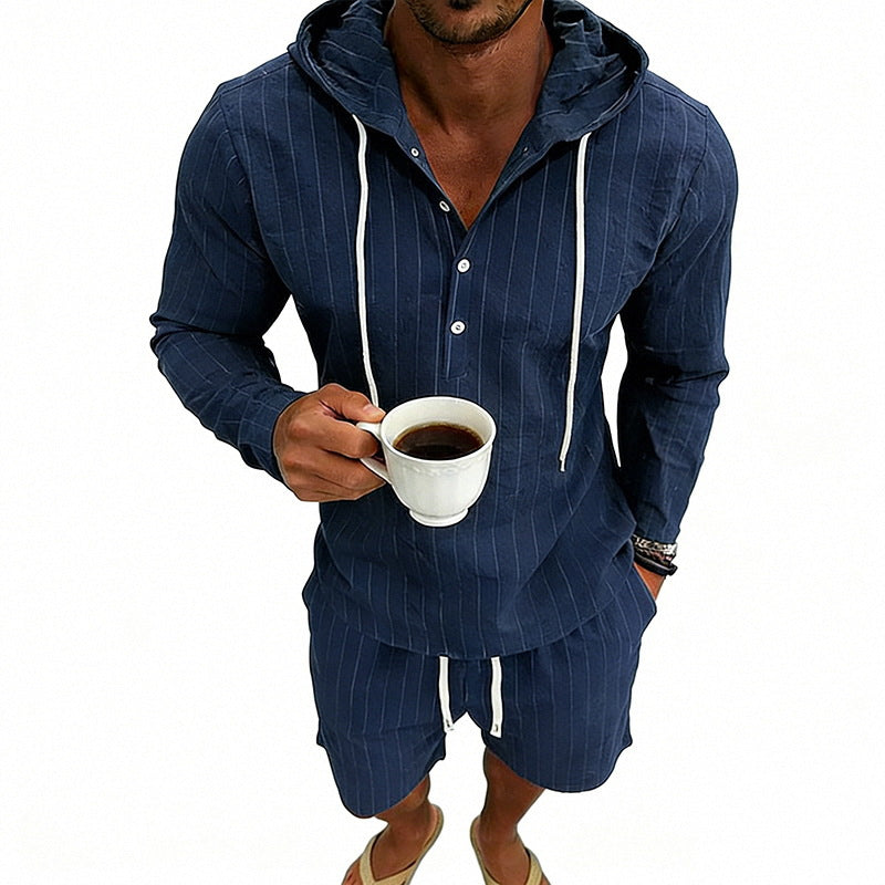 Herren nan gestreiftes Leinenoptik-Kapuzen-Henley-Set mit Tunnelzug-Shorts Drune