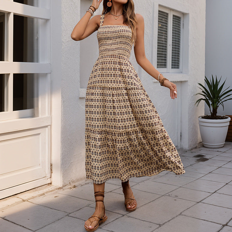 Damen Maxikleid mit strukturierten Rüschendetails und verspieltem Geometrie-Druck Drune