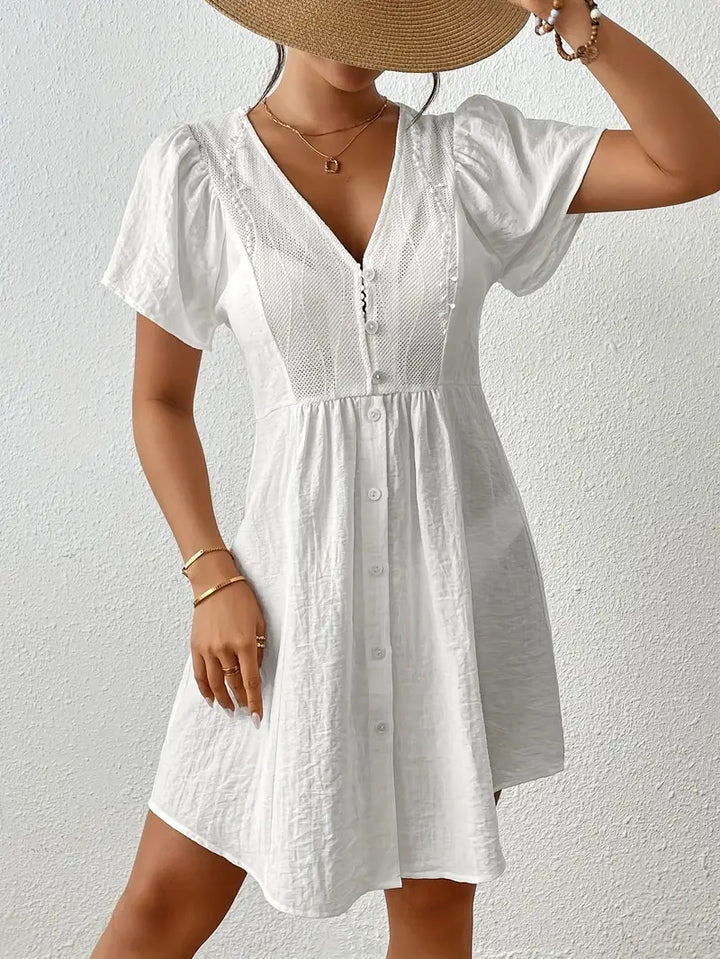 Damen Sommerkleid mit Puffärmeln und Knopfleiste Drune