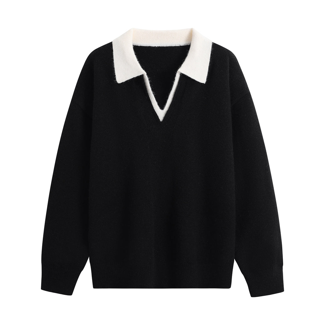 Damen Oversize-Polo-Strickpullover aus weichem Wollmix mit kontrastkragen und tiefem V-Ausschnitt Drune