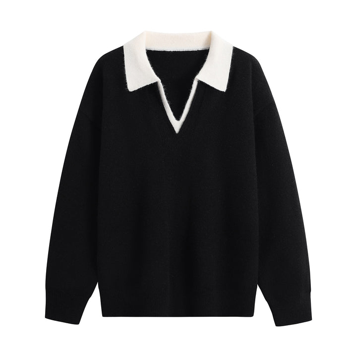 Damen Oversize-Polo-Strickpullover aus weichem Wollmix mit kontrastkragen und tiefem V-Ausschnitt Drune