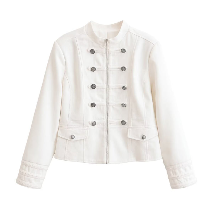 Damen Kurze Uniformjacke mit Stehkragen, Zierriegeln und Metallknopf‑Detail Drune