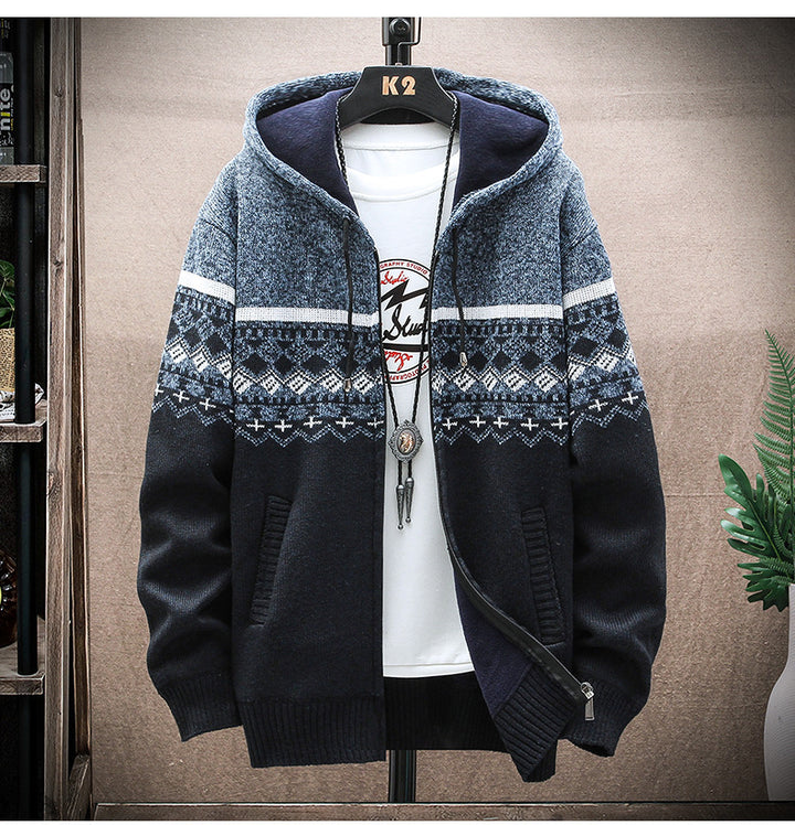 Herren Kapuzen-Strickzipjacke mit Norweger-Jacquard und weichem Futter Drune