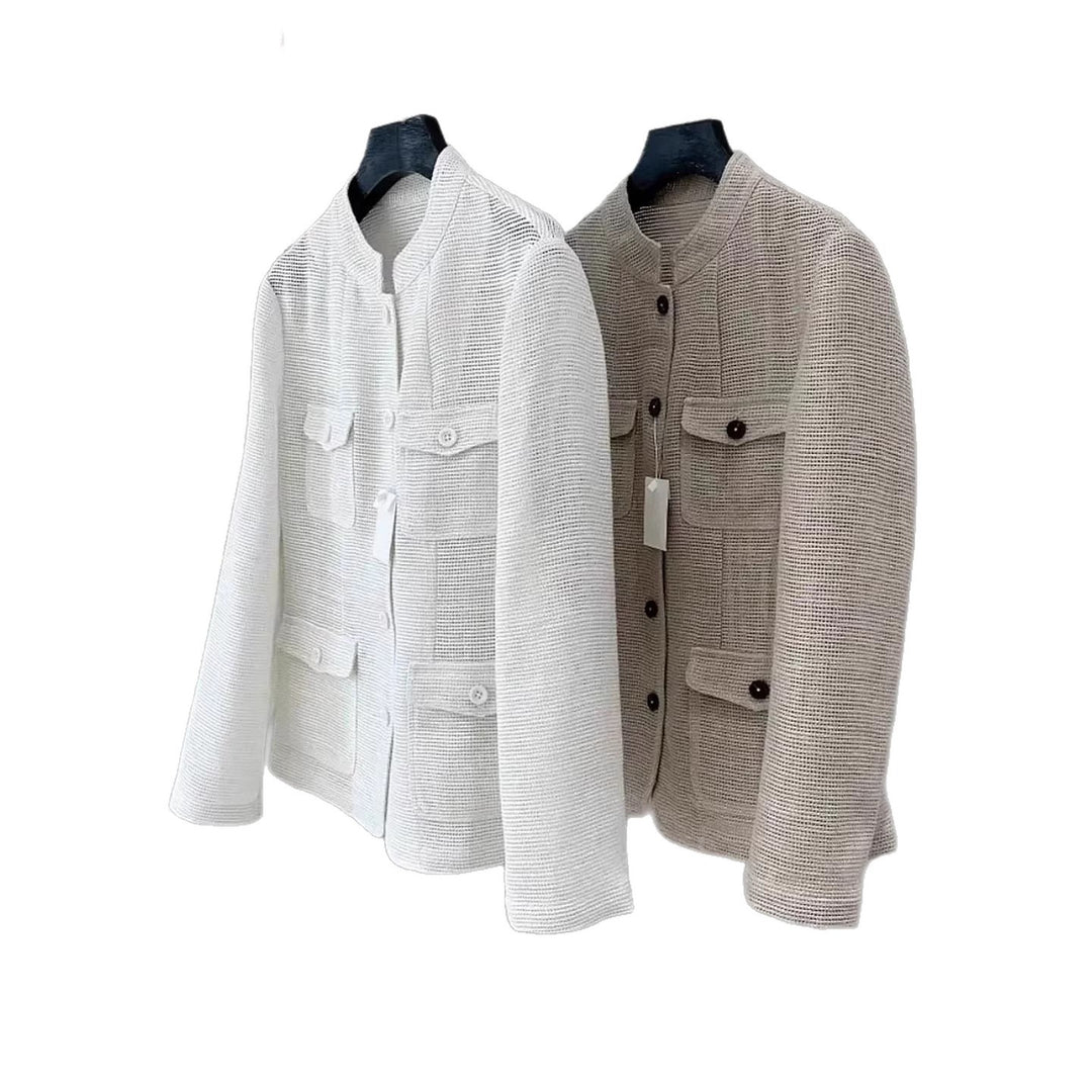 Damen Leichte Häkeloptik-Übergangsjacke mit Rundkragen und Pattentaschen Drune