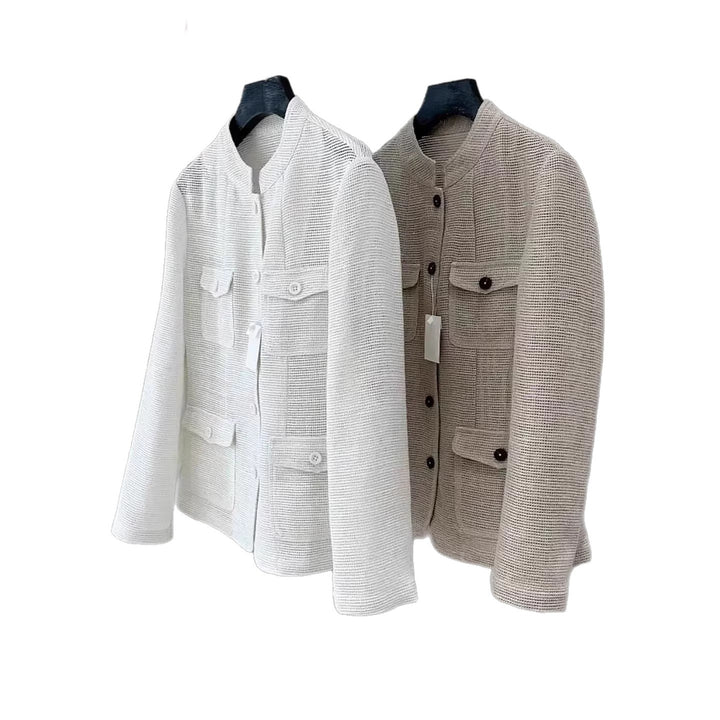 Damen Leichte Häkeloptik-Übergangsjacke mit Rundkragen und Pattentaschen Drune