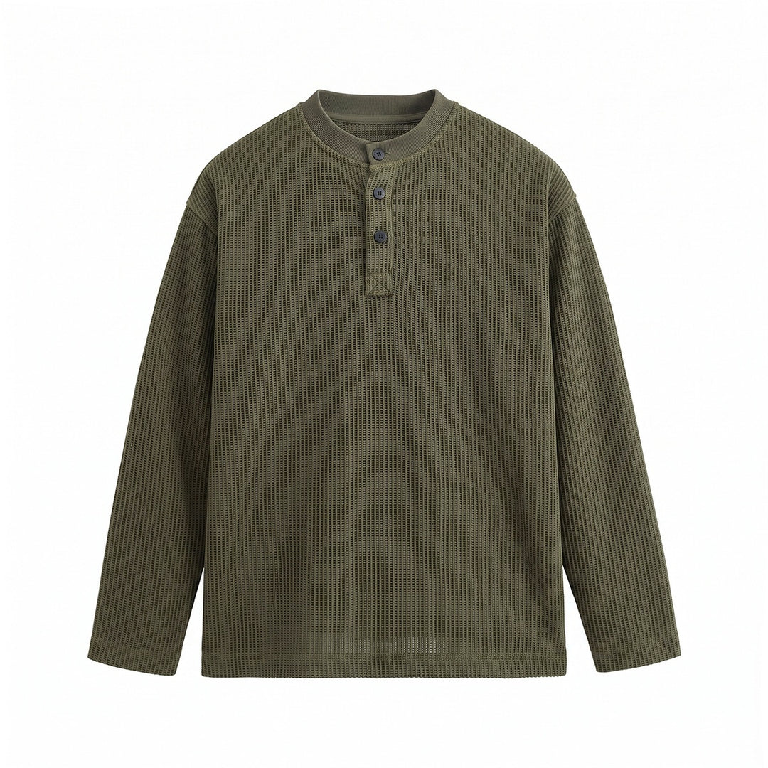 Herren Waffelstrick-Henley Langarmshirt mit Knopfleiste und entspannter Passform Drune