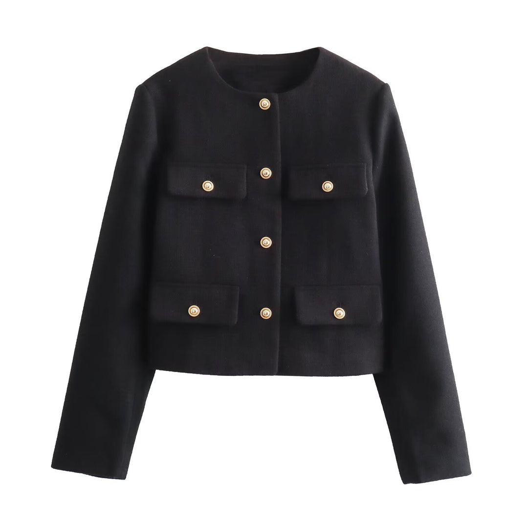 Damen nan kurz geschnittene Bouclé-Tweedjacke mit Rundhalsausschnitt Zierknopfdetails und aufgesetzten Pattentaschen Drune