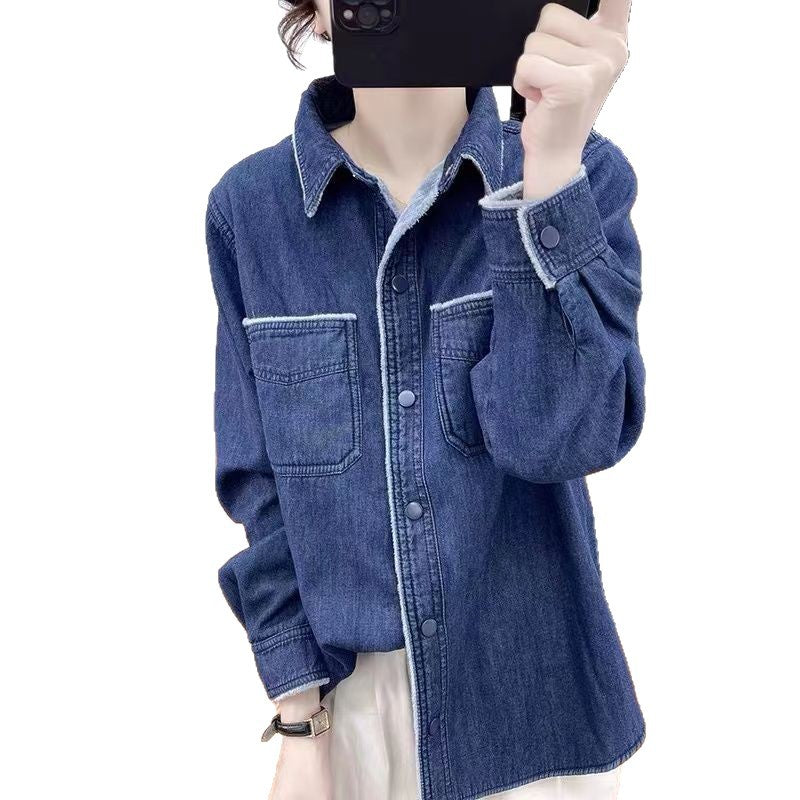 Damen lässige Denim-Bluse mit kontrastierendem Kragen Drune
