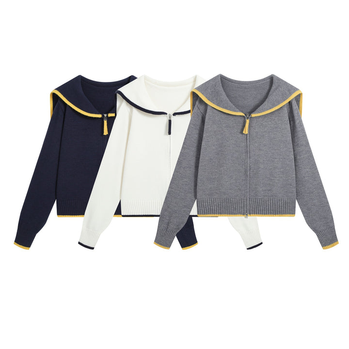 Damen Strick-Cardigan mit Matrosenkragen und Kontrastkanten Drune