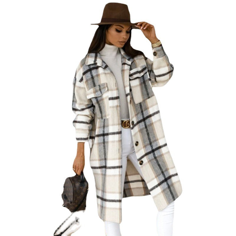 Damen Karierter Wollmantel mit Knopfdetails und praktischen Taschen Drune