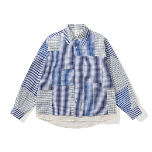 Unisex Patchwork-kariertes Overshirt mit verlängertem Saum Drune