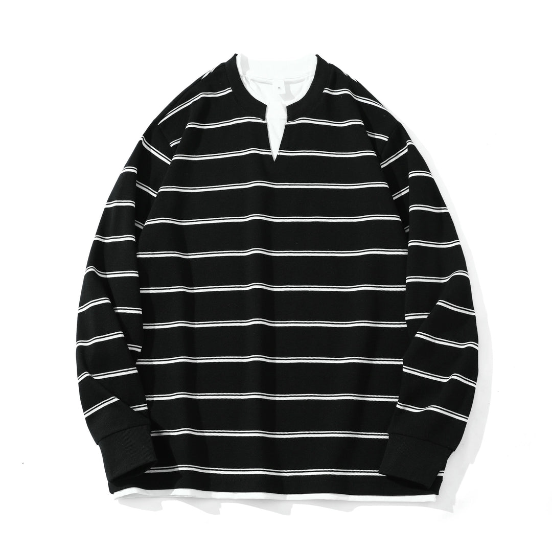 Unisex Gestreiftes Langarm-Sweatshirt mit V-Notch und Waffelstruktur Drune