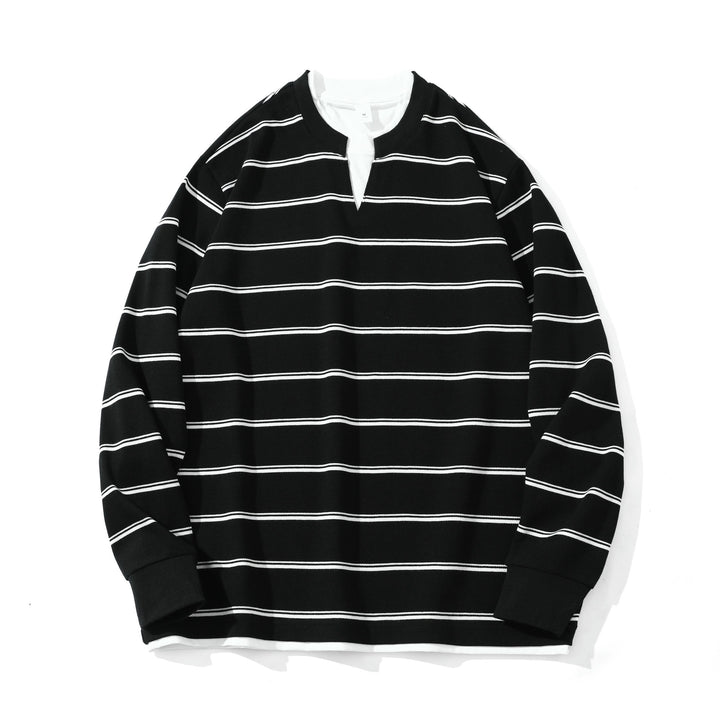 Unisex Gestreiftes Langarm-Sweatshirt mit V-Notch und Waffelstruktur Drune