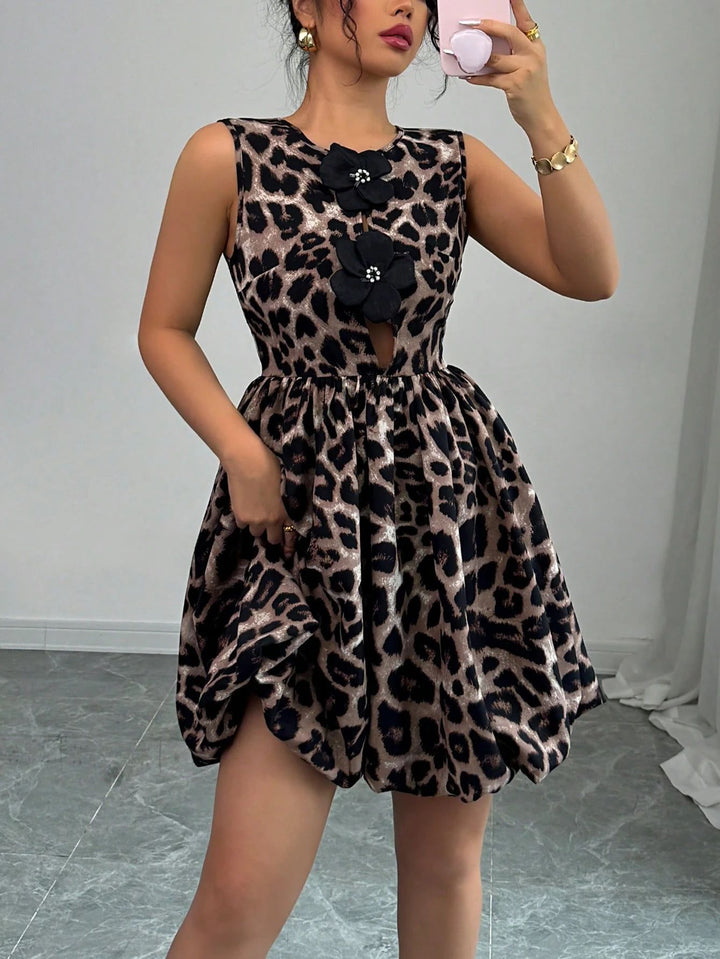 Damen nan kurzes Partykleid mit Leopardenmuster, floralen Applikationen und tailliertem Ballonrock Drune