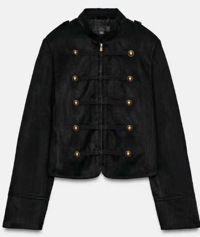 Damen Kurz geschnittene Wollmix-Jacke mit Stehkragen, Reißverschluss und Ballonärmeln Drune